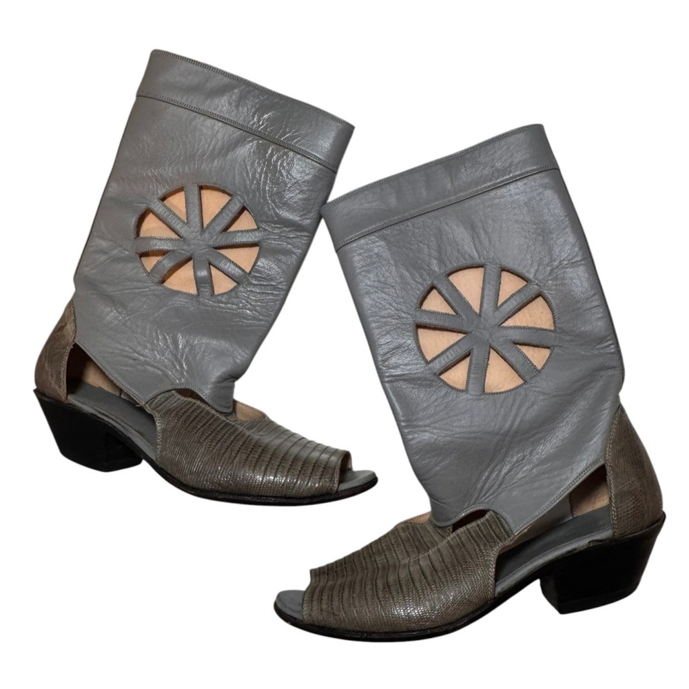 JR Reyes Vintage Cutout Leather Boots Gray Lizard‎ Peep Toe Western Size 8.5